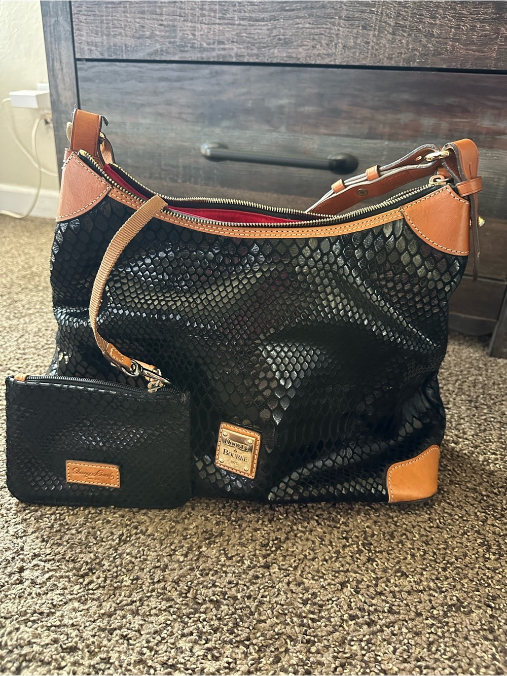 Dooney & Bourke Black Textured Hobo with Tan Leather Trim and Wristlet - Picture 13 of 13